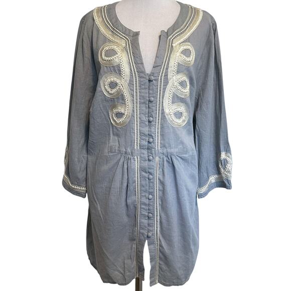 Avenue Soutache Top Womens Size 14-16 Blue Gray & Cream Boho Button Blouse - Picture 1 of 7